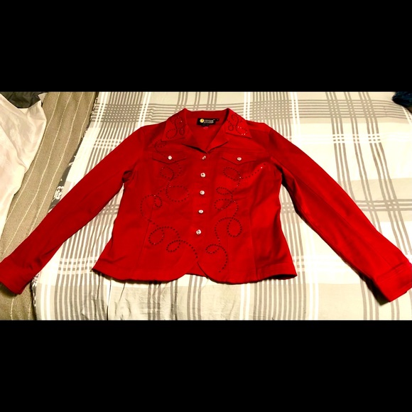 SOLD!!! Christine Alexander RED denim bling faux diamond L - Picture 2 of 14